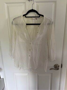 Lightweight White Swiss Dot Button-Front Blouse